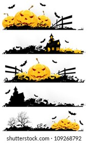 Grunge Halloween Banner with Pumpkins Bats and Haunted House