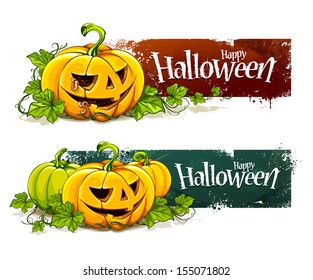 Grunge halloween banners with scary pumpkins. Vector illustration.