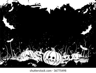 Grunge Halloween border with grass pumpkin and bat