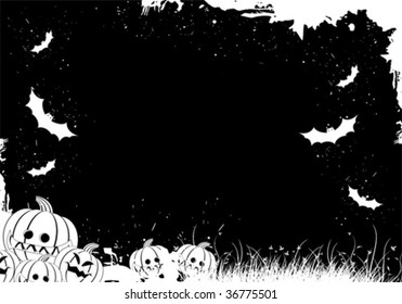 Grunge Halloween border with grass pumpkin and bat