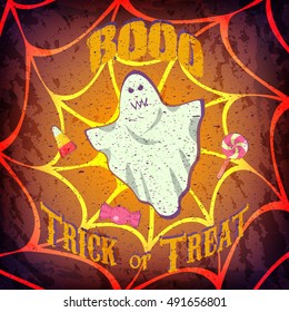 Grunge Halloween card or poster with ghost and candys.