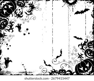 Grunge halloween frame with bats, ghost pumpkin, vector illustration