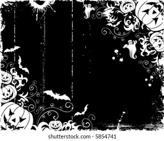 Grunge halloween frame with bats, ghost & pumpkin, vector illustration