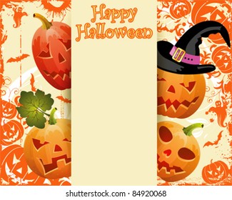 Grunge halloween frame with bats, ghost & pumpkin, vector illustration