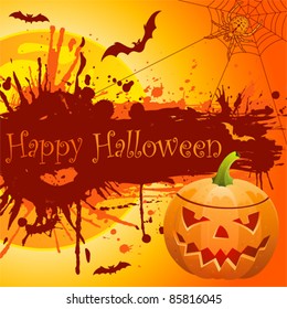 Grunge halloween frame with bats, pumpkin and spider, vector illustration