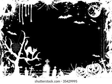 Grunge Halloween frame with pumpkin, bat, element for design, vector illustration