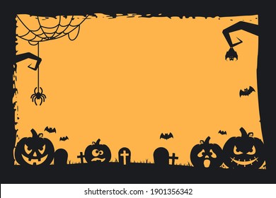 Grunge Halloween frame with pumpkins, bats, cemetery and spiders. Copy space. Vector illustration