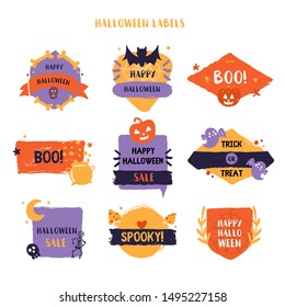 Grunge Halloween label set. Spooky badge collection. Promotion design with pumpkin, ghost.