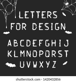 Grunge Halloween letters with splatters, bats and spiderweb for october night party. Ink typeface for creepy flyer. Dirty lettering font. Vector hand written alphabet.