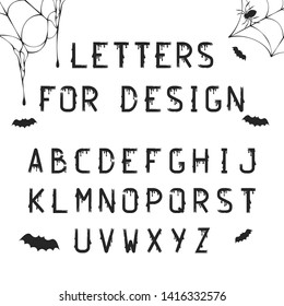 Grunge Halloween letters with splatters for october night party. Ink typeface for creepy flyer. Dirty lettering font. Vector hand written alphabet.