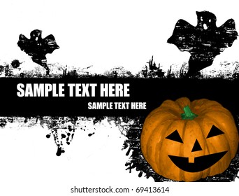 grunge Halloween poster with pumpkin and ghost on black and white,vector illustration
