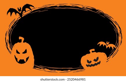 Grunge Halloween Pumpkins with Bats Orange over Black Ellipse Frame Party Invitation Panel Vector Landscape Background