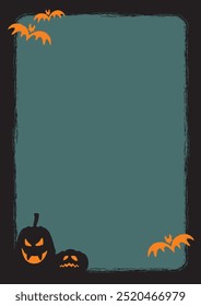 Grunge Halloween Pumpkins Black Silhouettes with Bats over Green Panel with Rounded A4 Frame Full Page Menu Vector Background