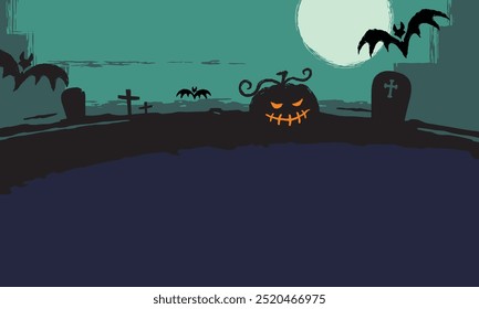 Grunge Halloween Pumpkins in Graveyard with Bats  Black Purple Green Party Flyer Invitation Header Vector Background