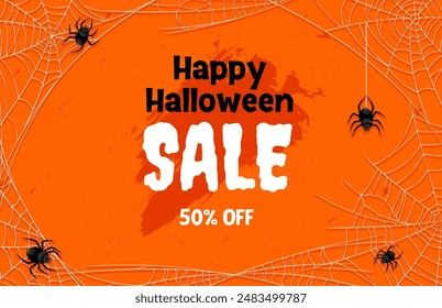 Grunge Halloween venta Anuncio con arañas y telaraña. Fondo de promoción de Vector o Cupón para la oferta de descuento de vacaciones de otoño. Tarjeta publicitaria con trazos rascadores y arácnidos espeluznantes en telarañas