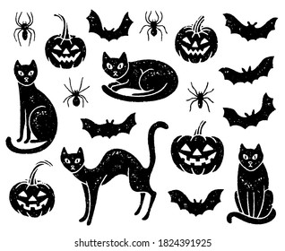 Grunge Halloween conjunto de gatos negros, calabazas talladas, arañas y murciélagos