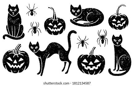 Grunge Halloween set. Includes black cats, carved pumpkins, and spiders.