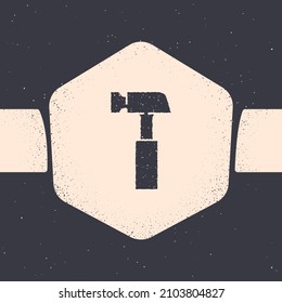 Grunge Hammer icon isolated on grey background. Tool for repair. Monochrome vintage drawing. Vector