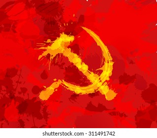 Grunge hammer and sickle symbol of comunism on red background