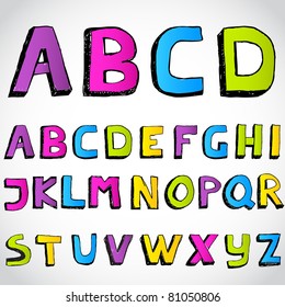 Alfabeto dibujado a mano Grunge. Cartas dibujadas por Vector.Hand Un conjunto de números y letras en palabras para ilustración de diseño , fondos , texturas , papel tapiz, tecnologías de computación, creación de ropa.