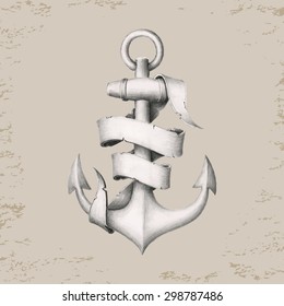 Grunge hand drawn anchor with a ribbon. Vector illustration.