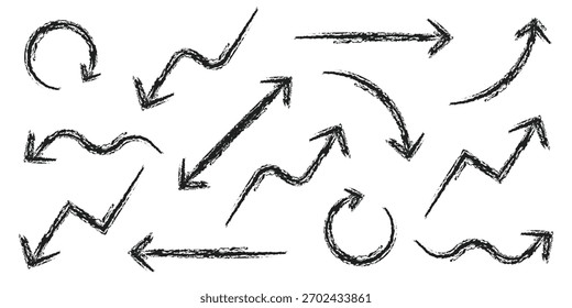 Grunge Dibujado a Mano Conjunto de Flechas de Bosquejo Negro, Crayón y Carbón de Carbón Pinceladas Diseño de Colección de Vector