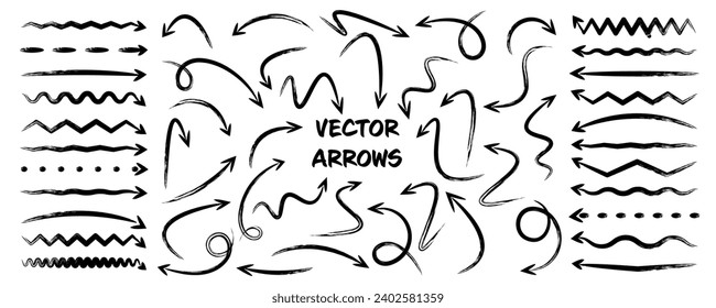 Grunge hand drawn arrows, highlighter lines. Marker stroke, brush pen drawn underline. Handwritten text pointers, notes, marks. Vector illustration