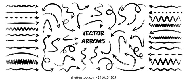 Grunge hand drawn arrows, highlighter lines. Marker stroke, brush pen drawn underline. Handwritten text pointers, notes, marks. Vector illustration
