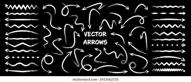 Grunge hand drawn arrows, highlighter lines. Marker stroke, brush pen drawn underline. Handwritten text pointers, notes, marks. Vector illustration