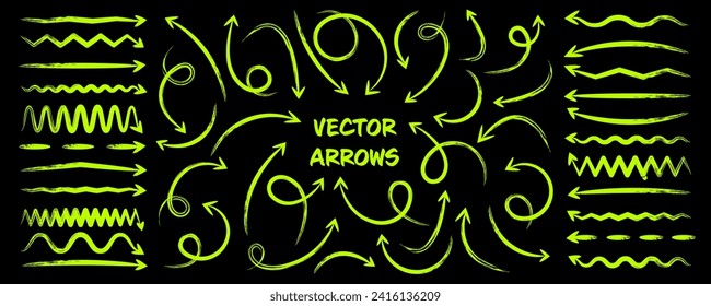 Grunge hand drawn arrows, highlighter lines. Marker stroke, brush pen drawn underline. Handwritten text pointers, notes, marks. Vector illustration