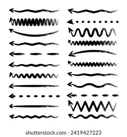 Grunge hand drawn arrows, highlighter lines. Marker stroke, brush pen drawn underline. Handwritten text pointers, notes, marks. Vector illustration