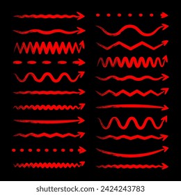 Grunge hand drawn arrows, highlighter lines. Red marker stroke, brush pen drawn underline. Handwritten text pointers, notes, marks. Vector illustration