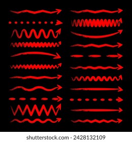 Grunge hand drawn arrows, highlighter lines. Red marker stroke, brush pen drawn underline. Handwritten text pointers, notes, marks. Vector illustration