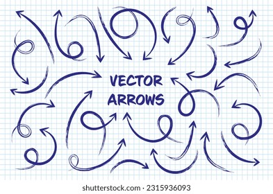 Grunge hand drawn arrows on checkered paper sheet. School notebook for drawing. Doodle arrow icon, simple monochrome pointer silhouettes. Outline, line art. Vector illustration