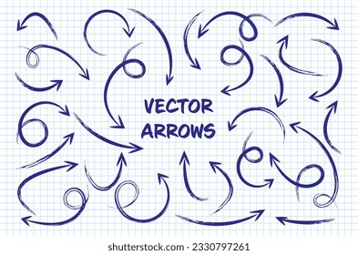 Grunge hand drawn arrows on checkered paper sheet. School notebook for drawing. Doodle arrow icon, simple monochrome pointer silhouettes. Outline, line art. Vector illustration