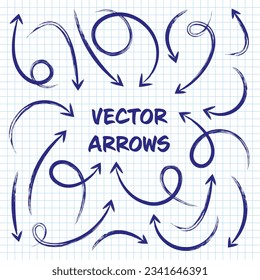 Grunge hand drawn arrows on checkered paper sheet. School notebook for drawing. Doodle arrow icon, simple monochrome pointer silhouettes. Outline, line art. Vector illustration