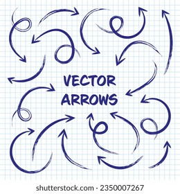 Grunge hand drawn arrows on checkered paper sheet. School notebook for drawing. Doodle arrow icon, simple monochrome pointer silhouettes. Outline, line art. Vector illustration
