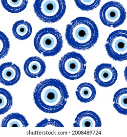 Grunge hand drawn blue Turkish evil eye seamless. Greek evil eye. Symbol of protection in Turkey, Greese, Cyprus. Blue Turkish Fatima's Eye. Amulet from evil eye. Nazar Boncugu. Magic item attribute