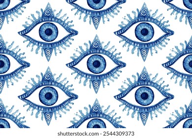 Grunge hand drawn blue Turkish evil eye seamless. Greek evil eye. Symbol of protection in Turkey, Greese, Cyprus. Blue Turkish Fatima's Eye. Amulet from evil eye. Nazar Boncugu. Magic item attribute