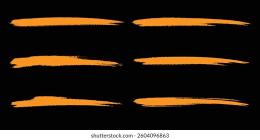 Grunge hand drawn brush stroke vector set. Set of chalk strokes. Realistic yellow paint brush strokes vector A vibrant brush stroke set on a black background ideal for creative and colorful designs
