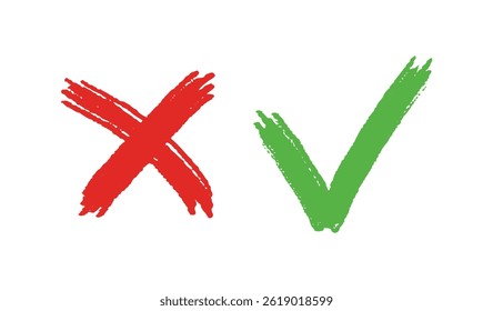 grunge hand drawn with brush strokes cross x and tick OK check marks. red cross and green check mark isolated on white background. Vector illustration