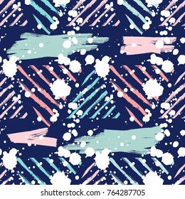 Grunge Hand Drawn Brush Strokes Triangles Texture with White Arty Drops ,Seamless Art Pattern 