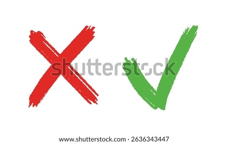 grunge hand drawn with brush strokes cross x and tick OK check marks. red cross and green check mark isolated on white background. Vector illustration