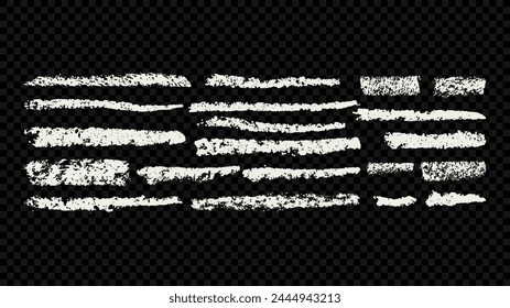 Grunge hand drawn chalk lines and strokes. White vector charcoal horizontal stripes isolated on black. Dirty grungy rough stains.	