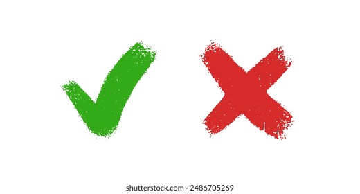 Grunge hand drawn check mark and cross x sign icons isolated on white background