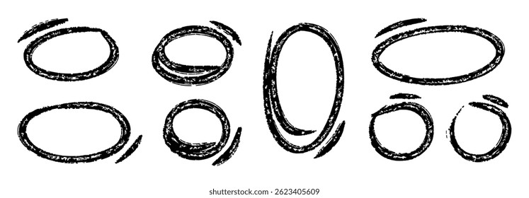 Grunge Hand Drawn Circle Highlights with dry brush or marker texture. Marker Scribble Elements Set. Sketchy rough oval and circular frames perfect for emphasizing text, UX design elements, note-taking