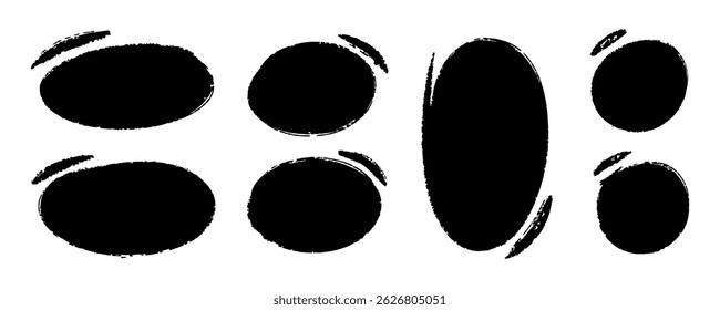 Grunge Hand Drawn Circle Highlights with dry brush or marker texture. Marker Scribble Elements Set. Sketchy rough oval and circular frames perfect for emphasizing text, UX design elements, note-taking