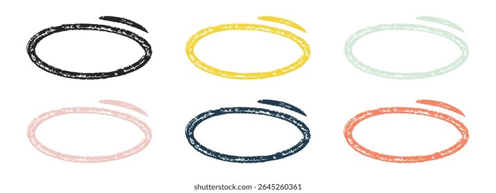 Grunge Hand Drawn Circle Highlights with dry brush or marker texture. Marker Color Scribble Elements Set. Sketchy rough oval and circular frames perfect for emphasizing text, UX design elements, note