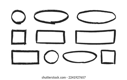 Grunge hand drawn circles, rectangles and ovals. Collection of textured highlight circle and square frames. Doodle circular borders for bullet journal design. Vector illustrations on white background.