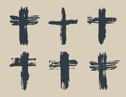 Grunge Hand Drawn Cross Symbols Set. Christian Crosses, Religious Signs Icons, Crucifix Symbol Vector Illustration
